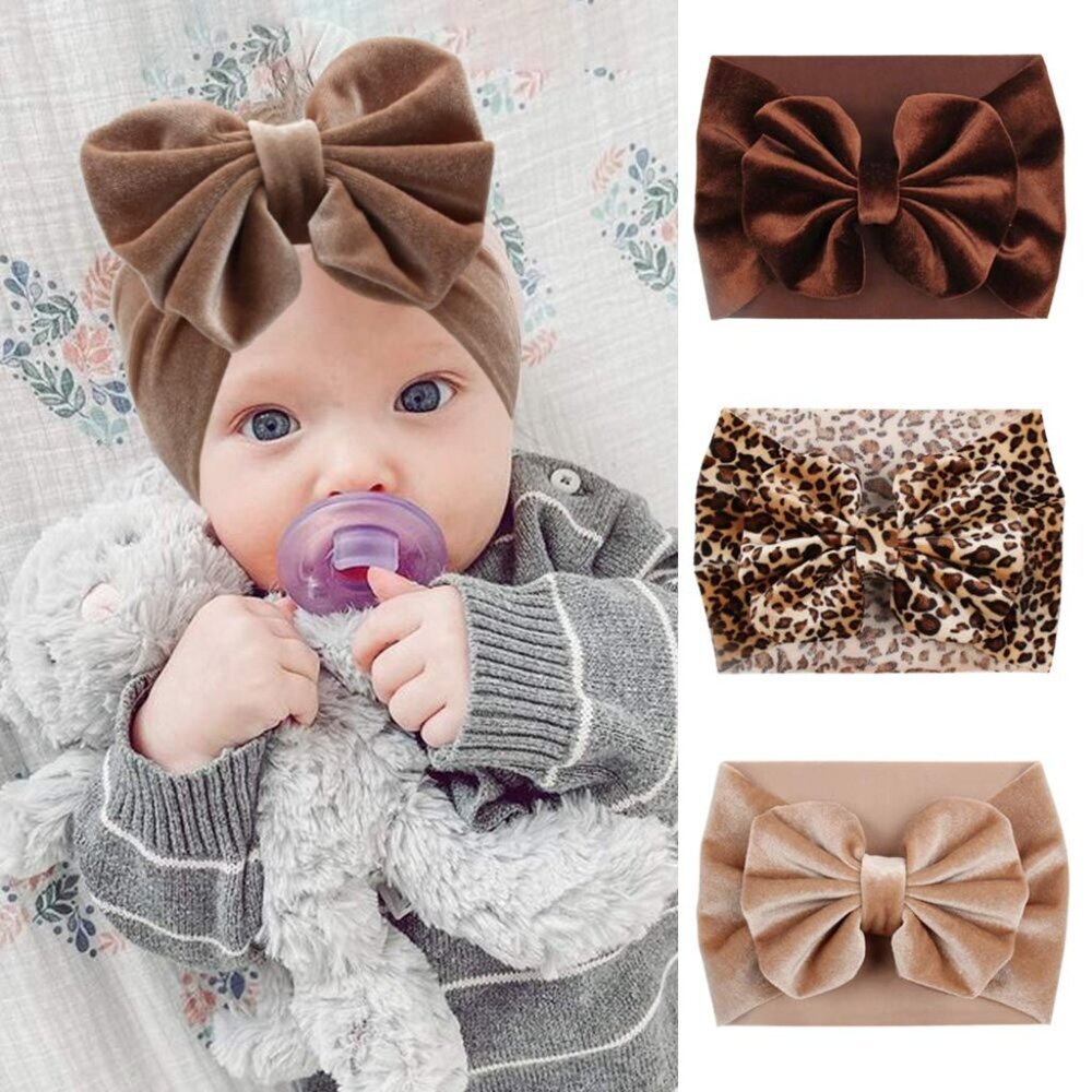 Hairband - Soft Velvet Baby Headbands with Big Bows, Leopard Color, Handmade for